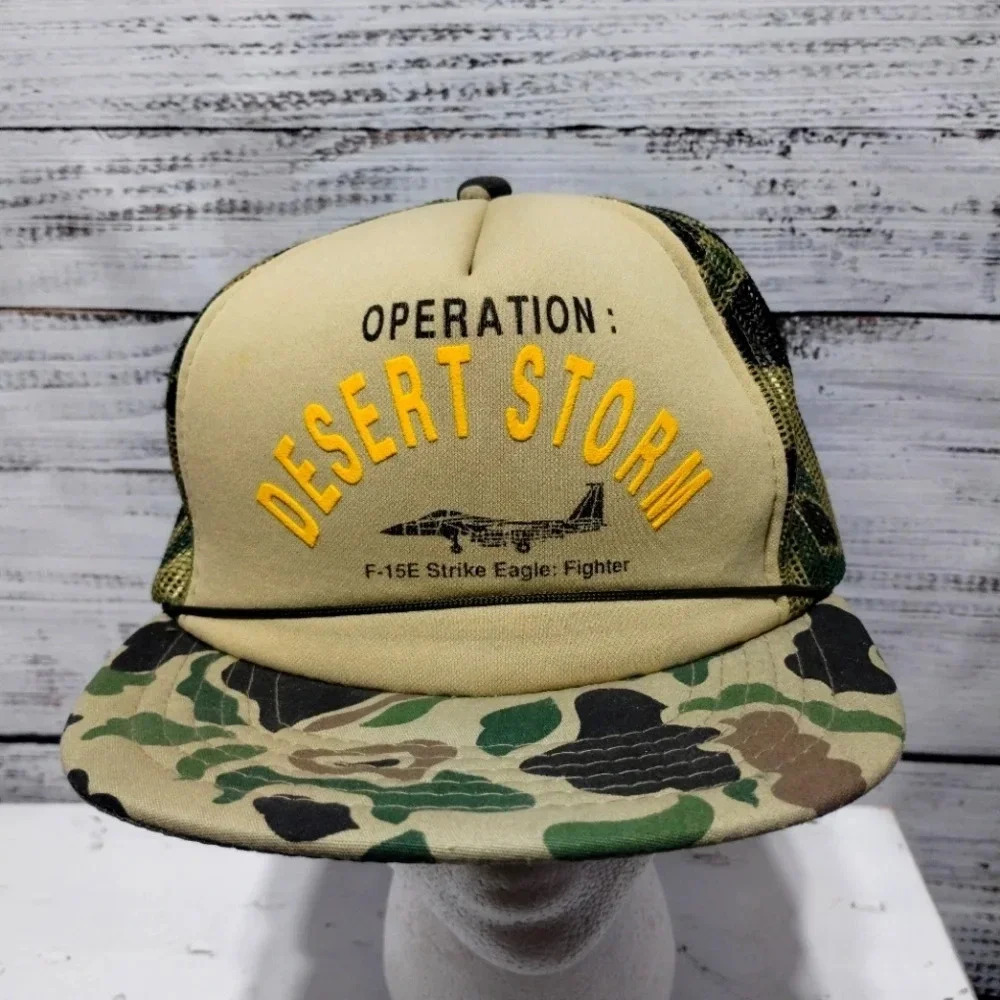 Vintage Operation Desert‎ Storm Trucker Hat Camo Snapback USA Military 90s